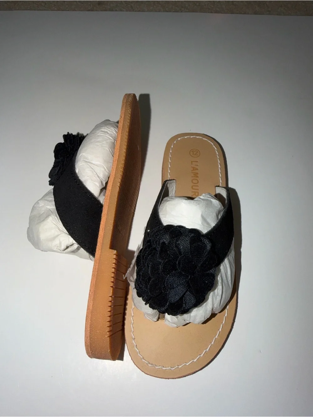 L'Amour Black Flower Thong Sandals Girls Size 12 | Wedding Church Summer